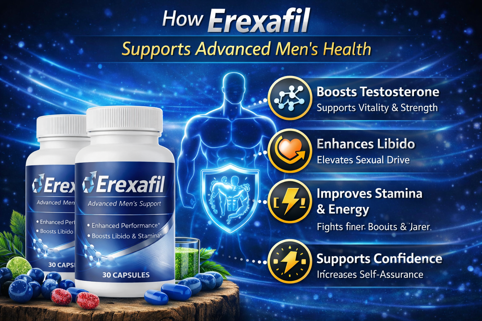How Erexafil supports male vitality — healthy blood flow, testosterone support, stress response, and steady energy